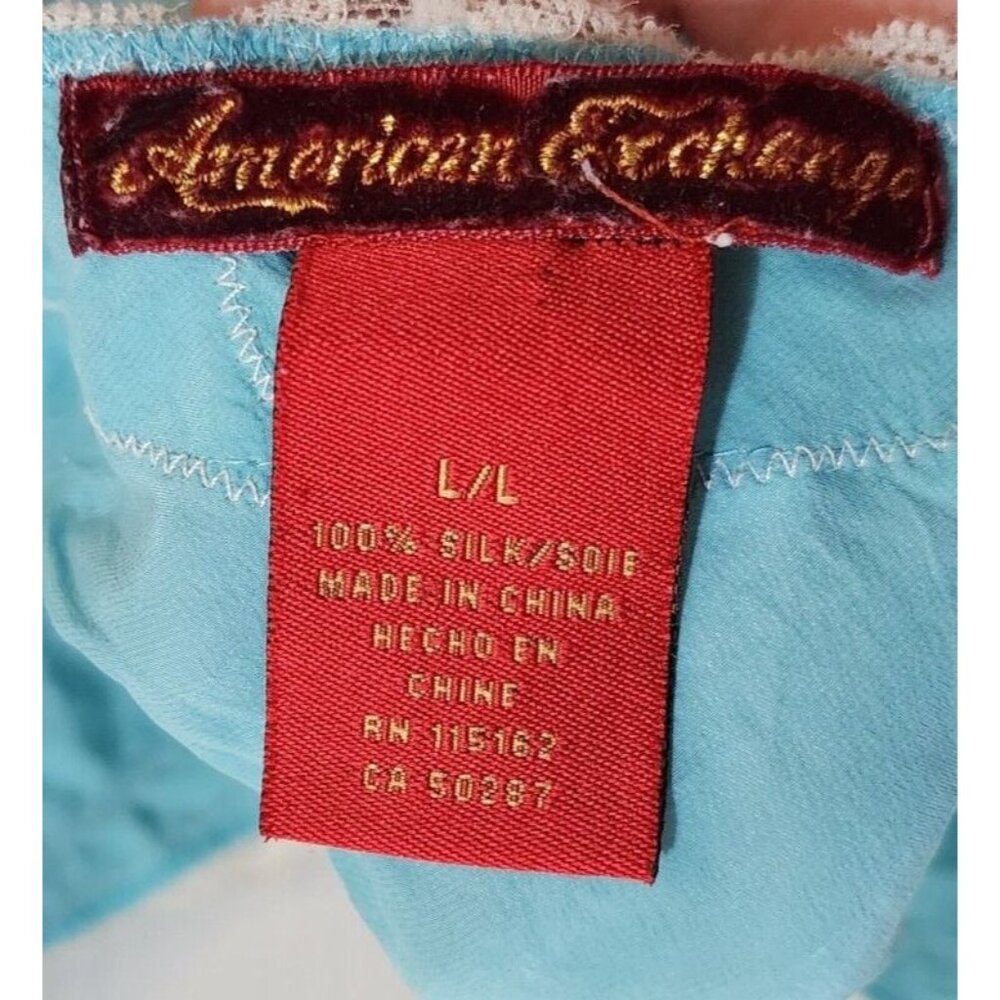 American Exchange Women's Y2K Style Tank Top 100% Silk Lace Hems Blue Size L - Picture 9 of 12